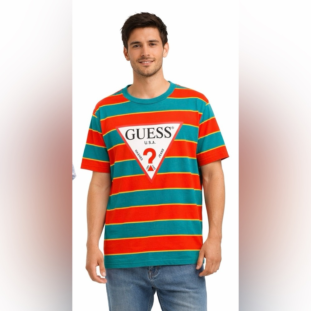 EUC Vintage Guess Size XL Men's Colorful Striped Tee in Red and Teal